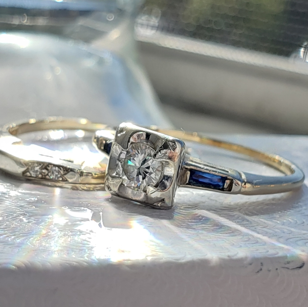 Stunning Antique wedding ring set 10kt gold  diamond and saphires rare design